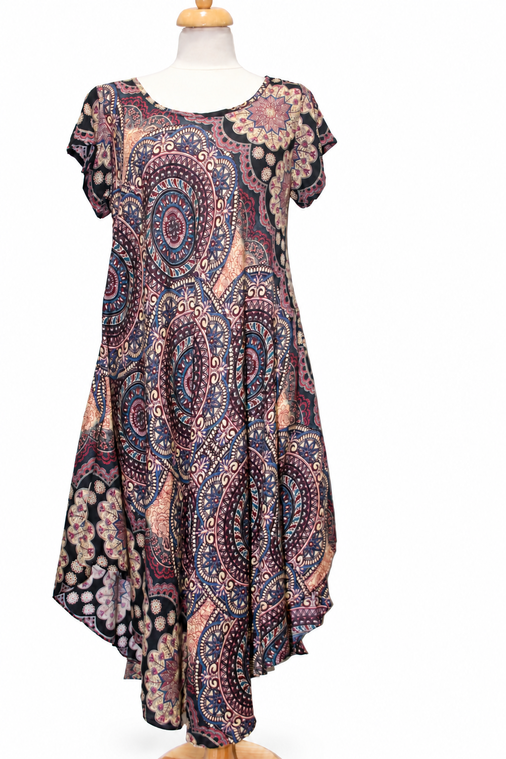 Beach Dress - Short Sleeve - Black Multicolour Mandala - original mannequin view