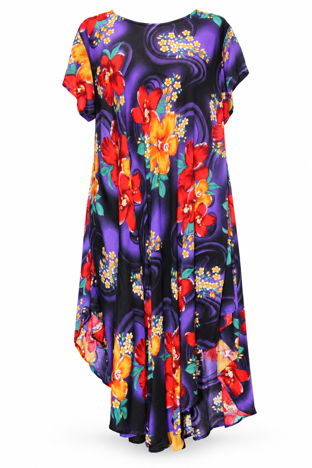 Beach Dress - Short Sleeve - Black Purple Orange Floral - front garment view