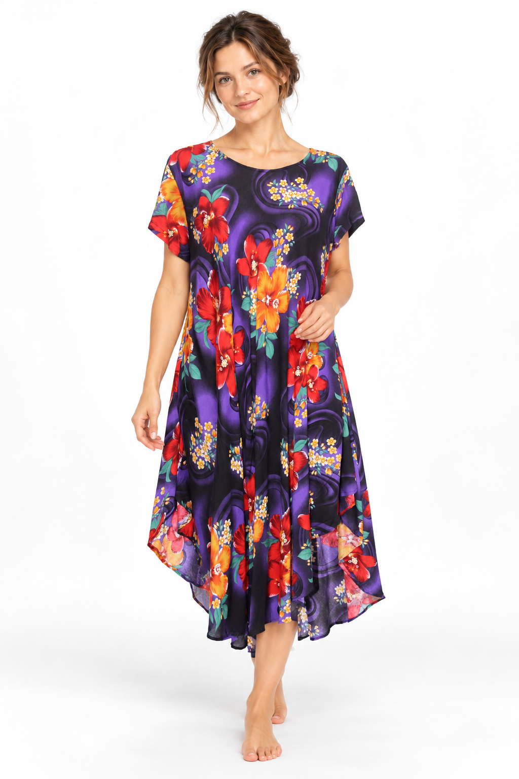 Beach Dress - Short Sleeve - Black Purple Orange Floral - model front