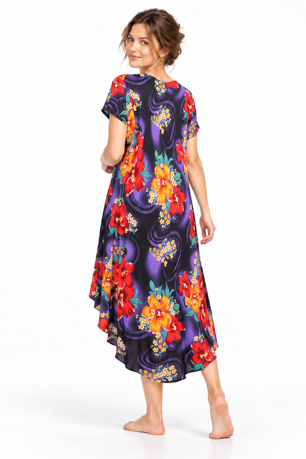 Beach Dress - Short Sleeve - Black Purple Orange Floral - model three-quarter back