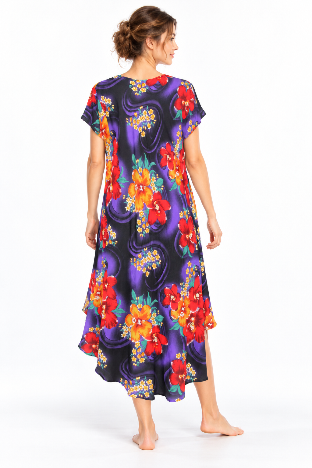Beach Dress - Short Sleeve - Black Purple Orange Floral - model back