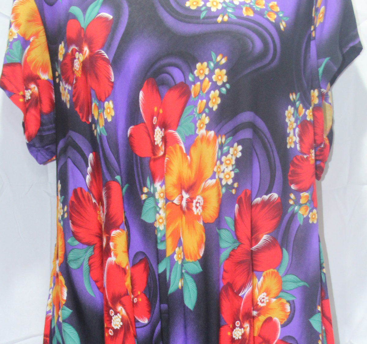 Beach Dress - Short Sleeve - Black Purple Orange Floral - real fabric detail