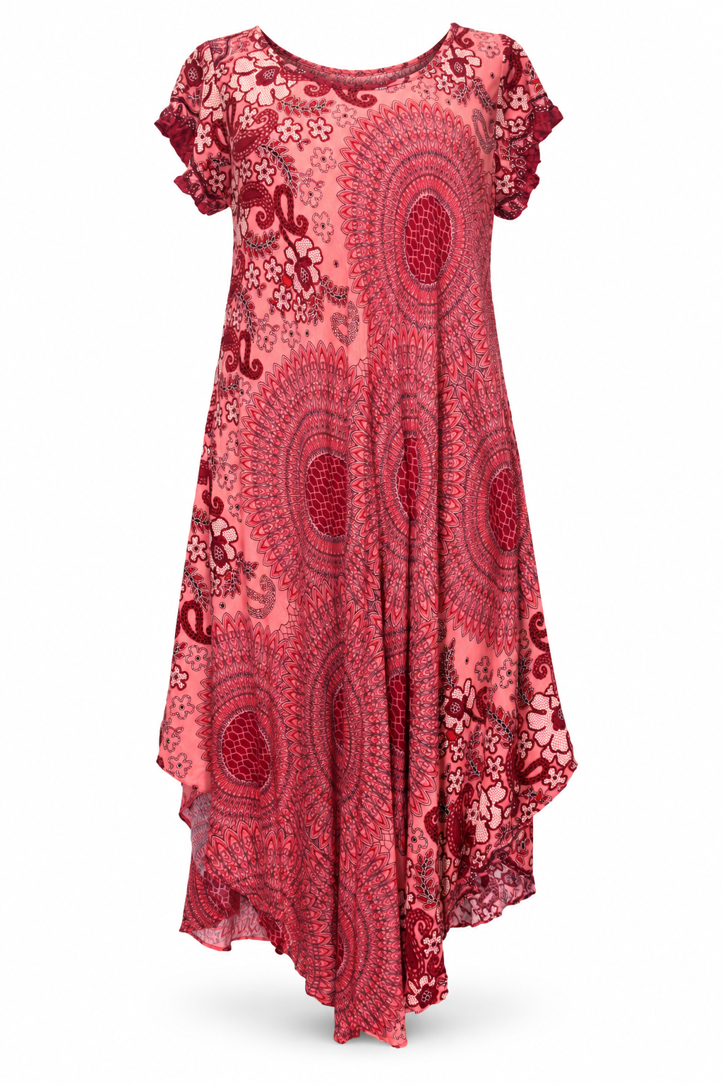 Beach Dress - Short Sleeve - Coral Burgundy Mandala - front garment view