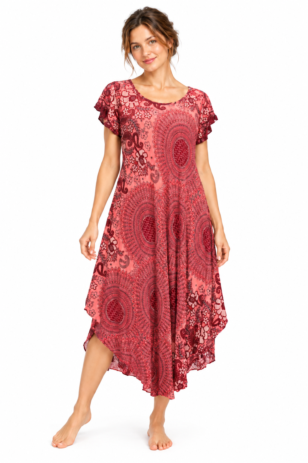 Beach Dress - Short Sleeve - Coral Burgundy Mandala - model front