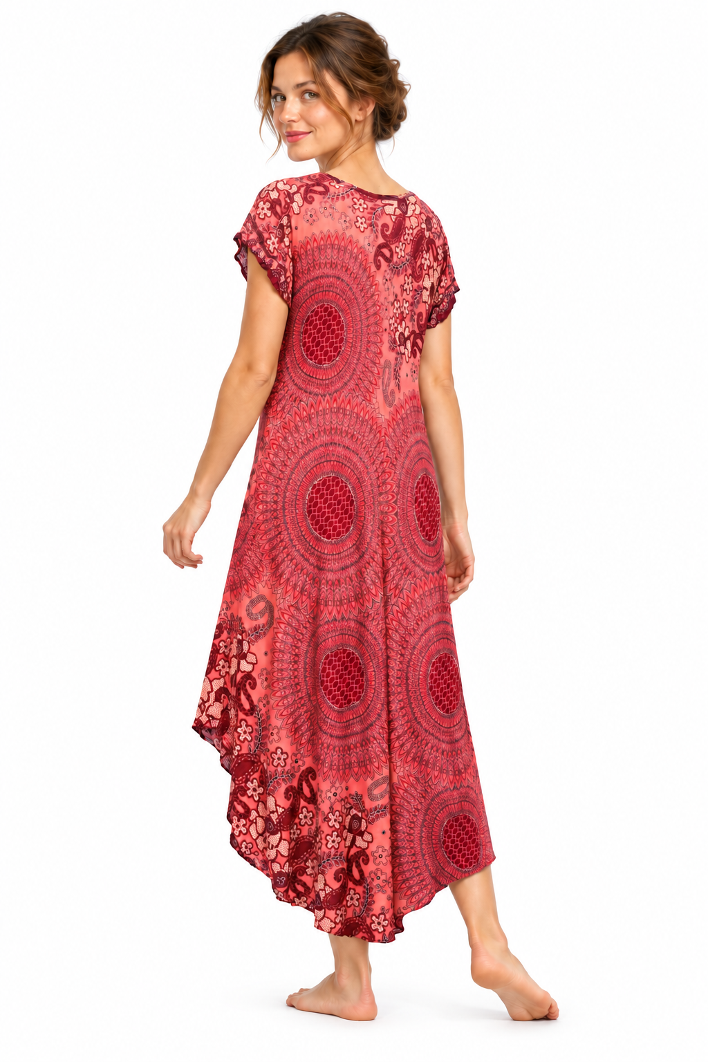Beach Dress - Short Sleeve - Coral Burgundy Mandala - model three-quarter back
