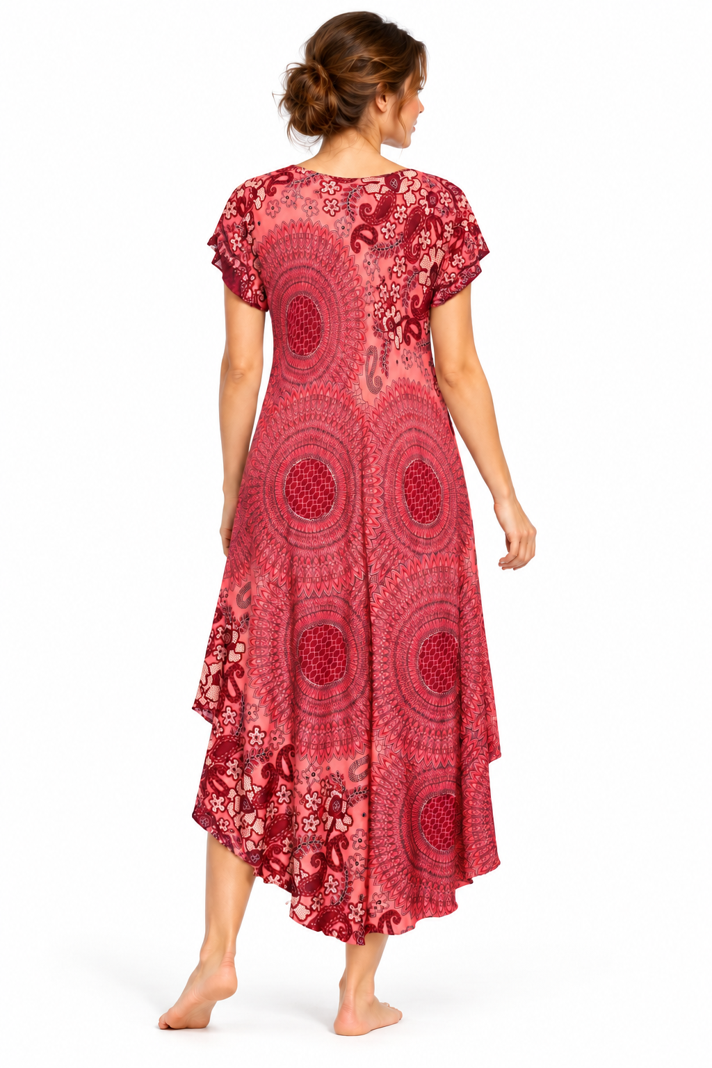 Beach Dress - Short Sleeve - Coral Burgundy Mandala - model back