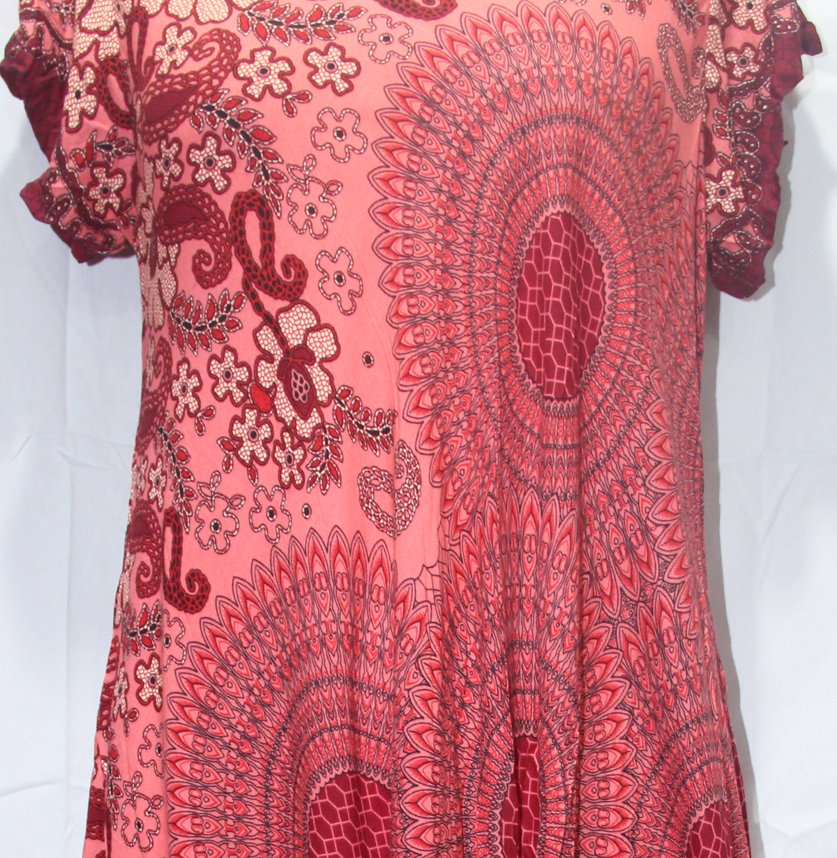 Beach Dress - Short Sleeve - Coral Burgundy Mandala - real fabric detail