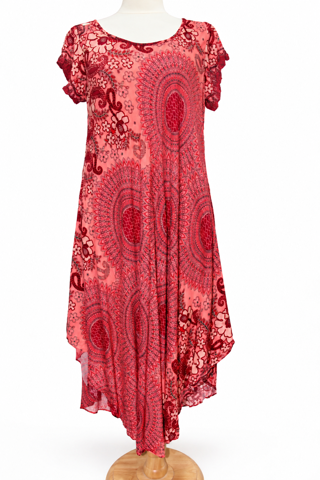 Beach Dress - Short Sleeve - Coral Burgundy Mandala - original mannequin view