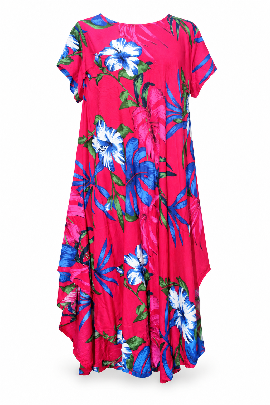Beach Dress - Short Sleeve - Hot Pink Blue Hibiscus - front garment view