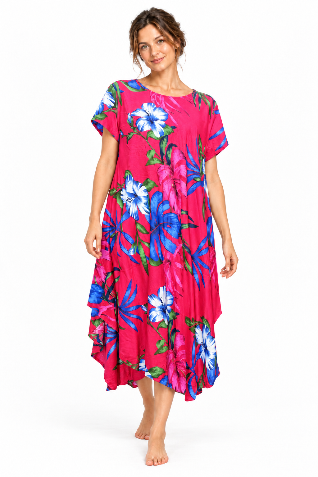Beach Dress - Short Sleeve - Hot Pink Blue Hibiscus - model front