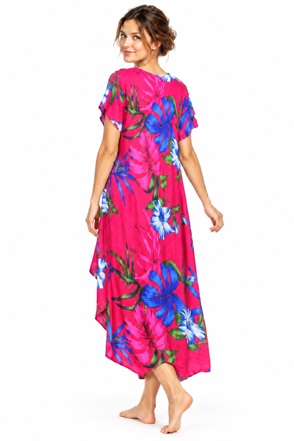Beach Dress - Short Sleeve - Hot Pink Blue Hibiscus - model three-quarter back