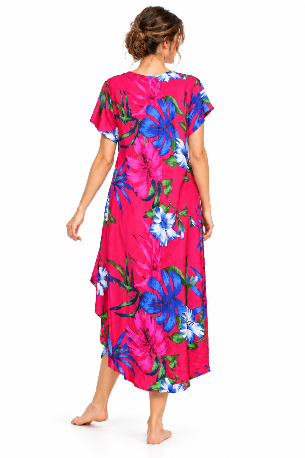 Beach Dress - Short Sleeve - Hot Pink Blue Hibiscus - model back