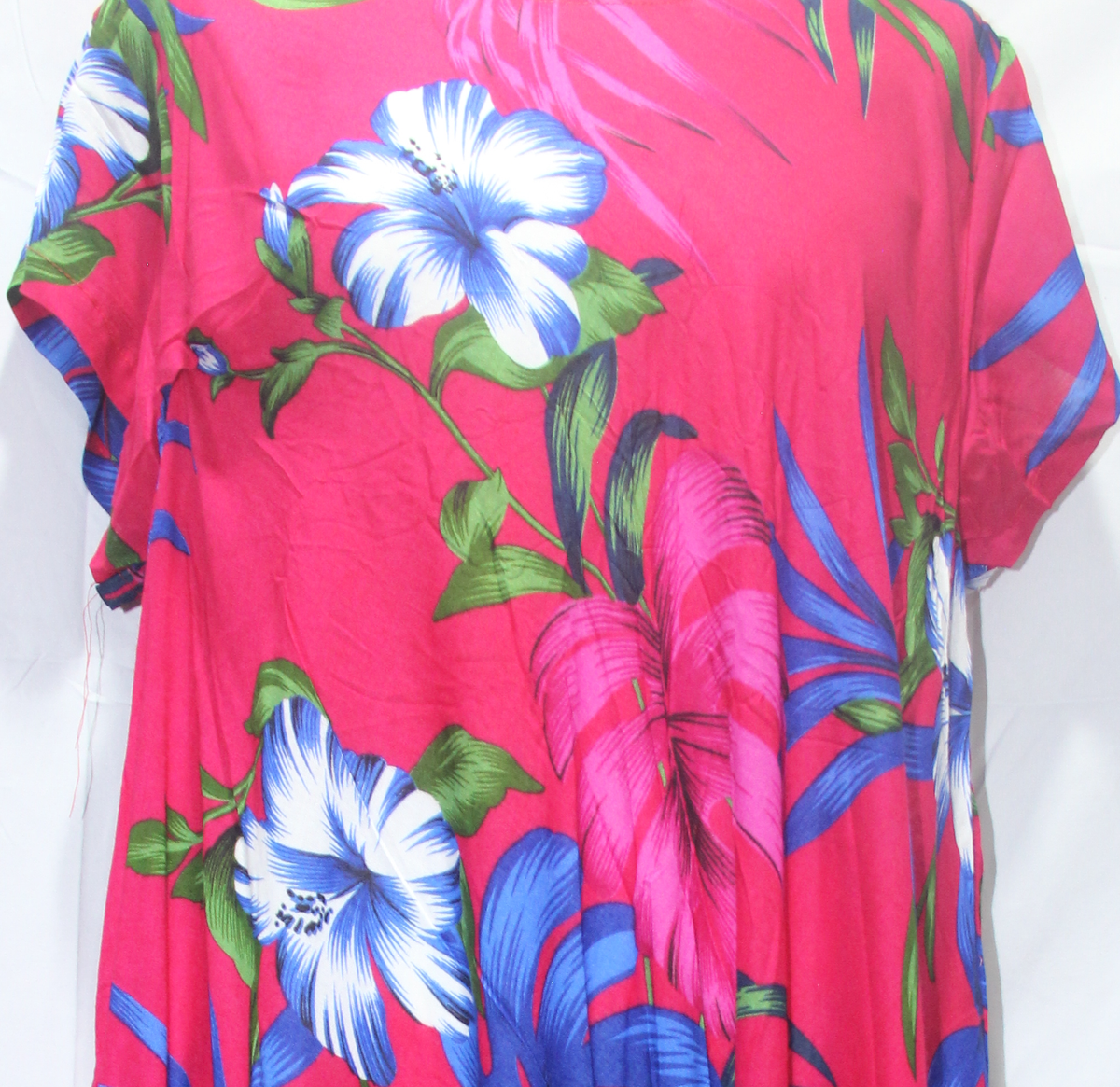 Beach Dress - Short Sleeve - Hot Pink Blue Hibiscus - real fabric detail