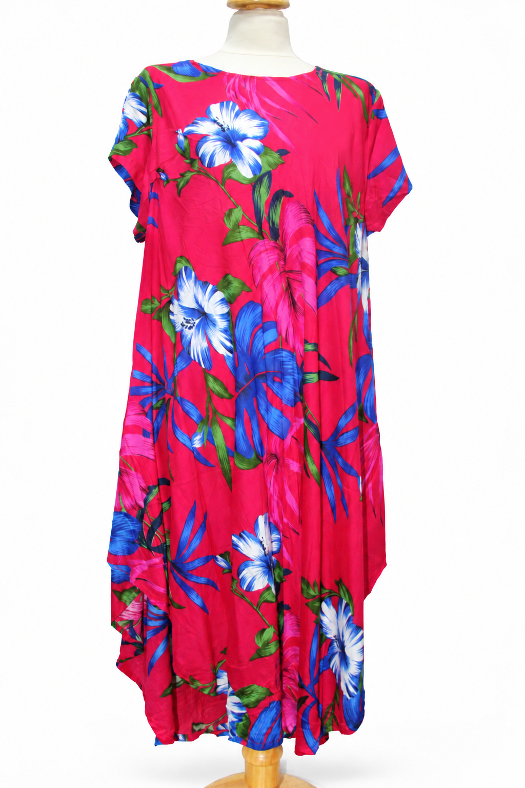 Beach Dress - Short Sleeve - Hot Pink Blue Hibiscus - original mannequin view