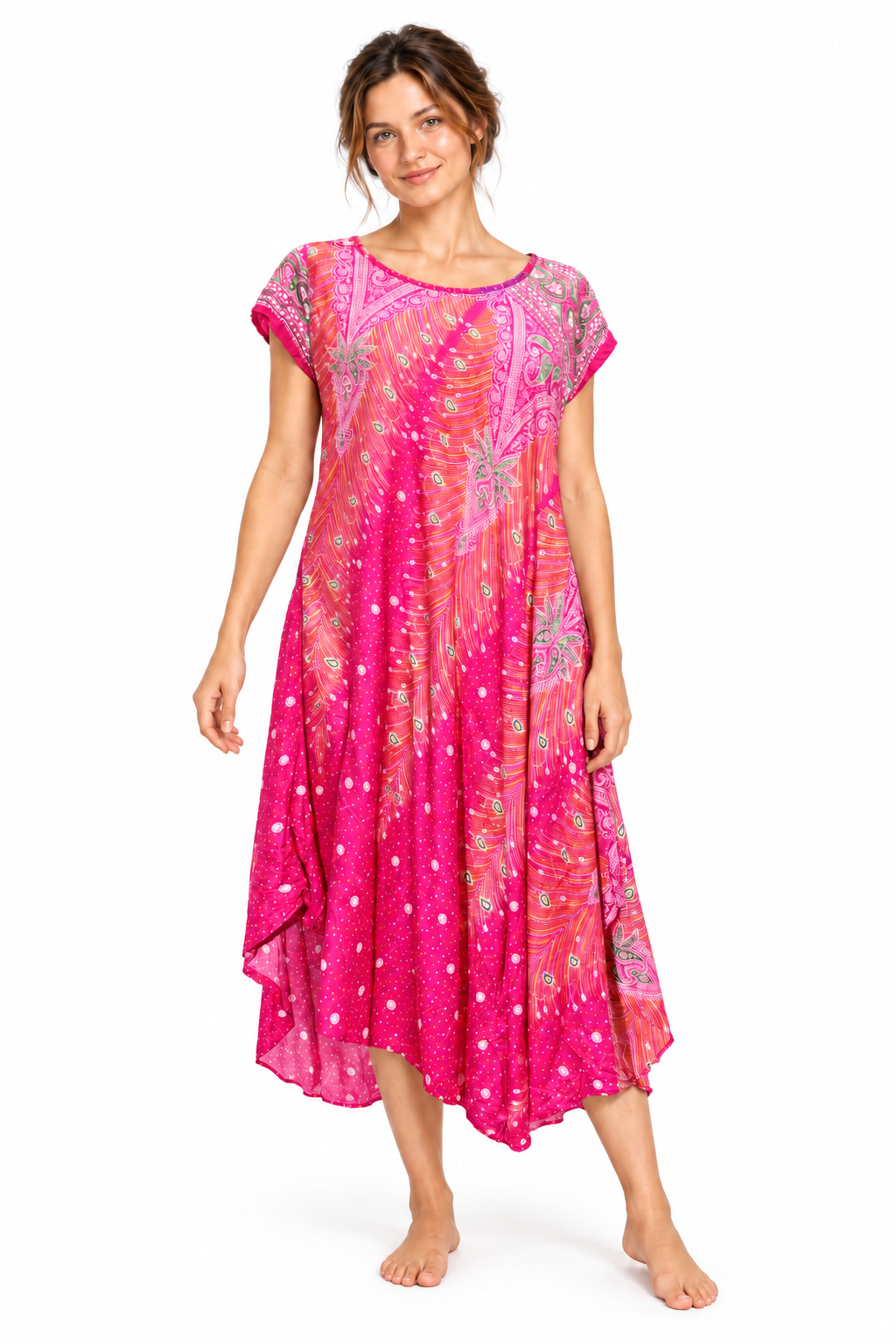 Beach Dress - Short Sleeve - Pink Orange Paisley - model front