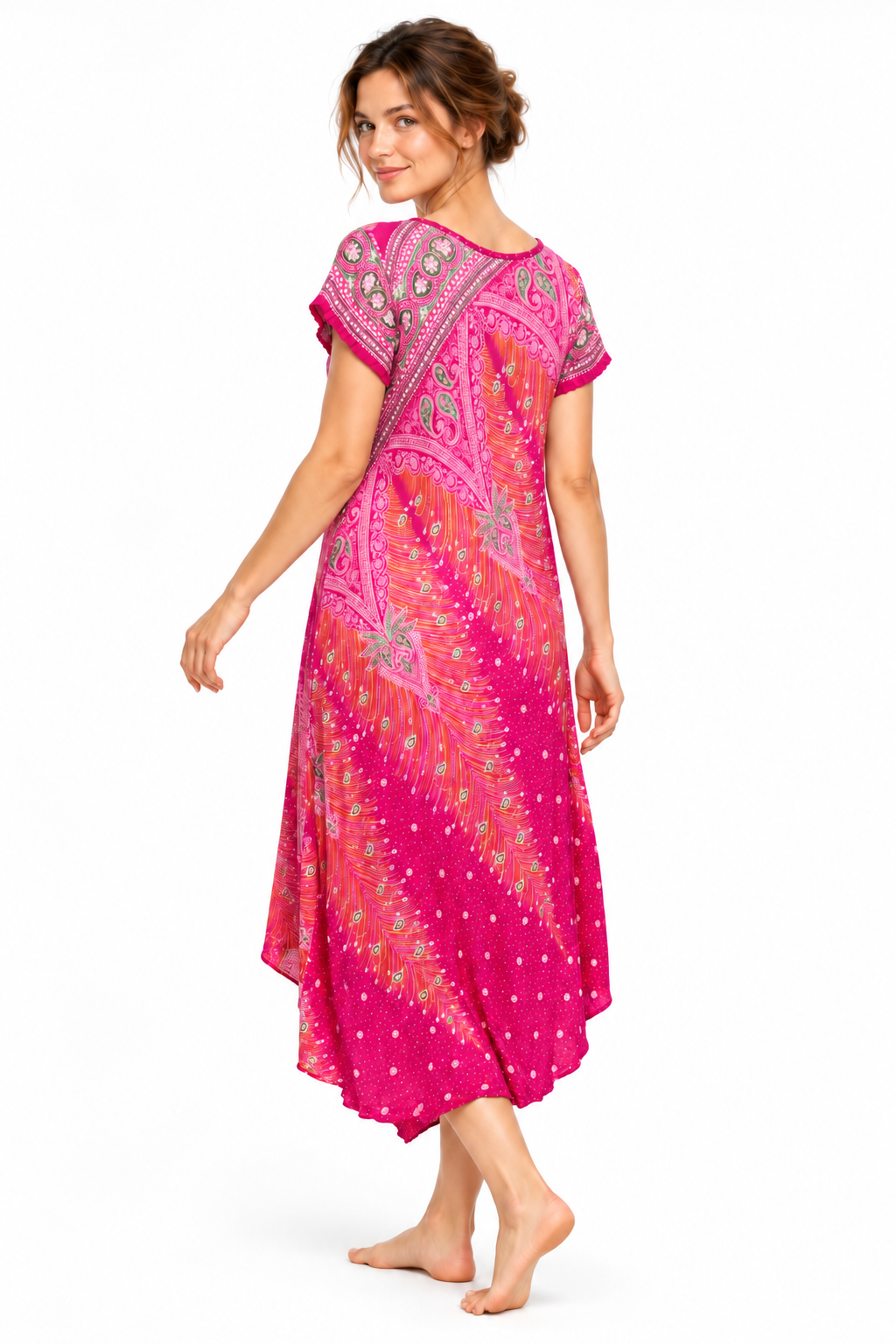 Beach Dress - Short Sleeve - Pink Orange Paisley - model three-quarter back