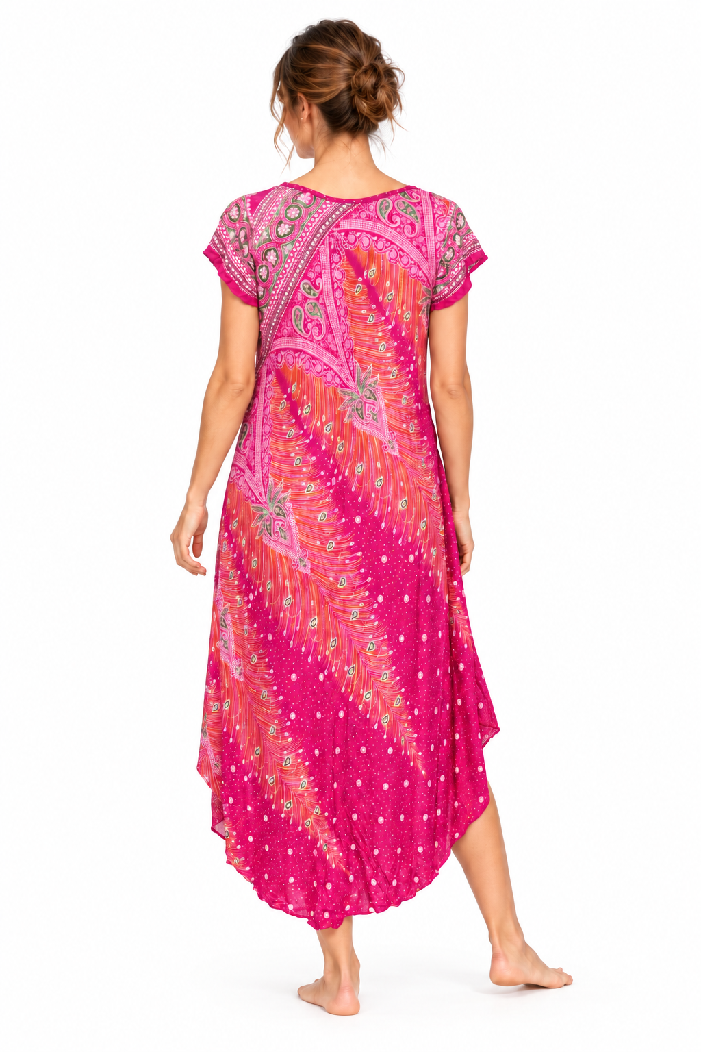 Beach Dress - Short Sleeve - Pink Orange Paisley - model back