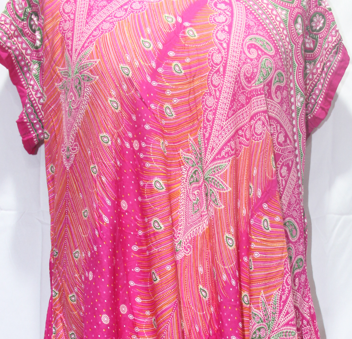Beach Dress - Short Sleeve - Pink Orange Paisley - real fabric detail