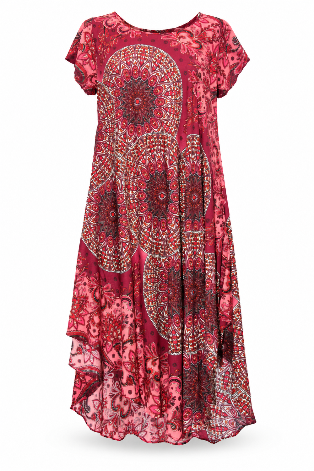 Beach Dress - Short Sleeve - Red Multicolour Mandala - front garment view