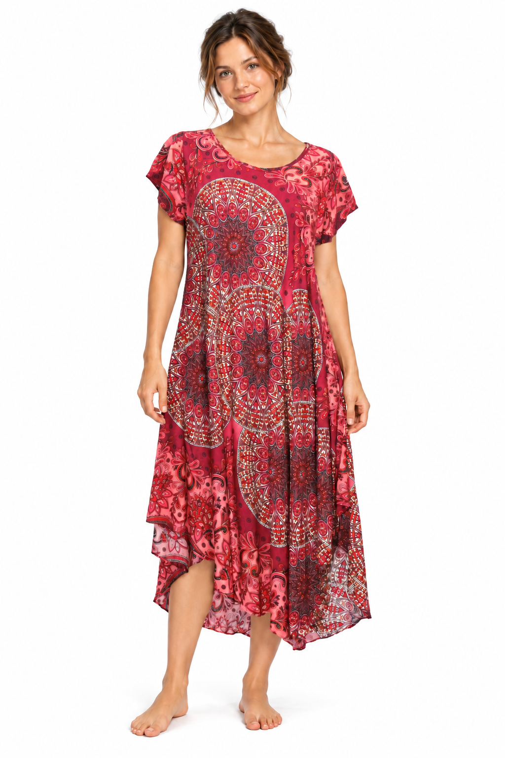 Beach Dress - Short Sleeve - Red Multicolour Mandala - model front