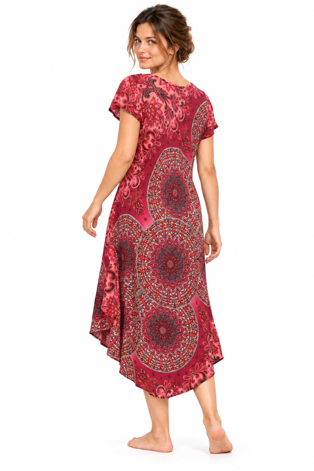 Beach Dress - Short Sleeve - Red Multicolour Mandala - model three-quarter back