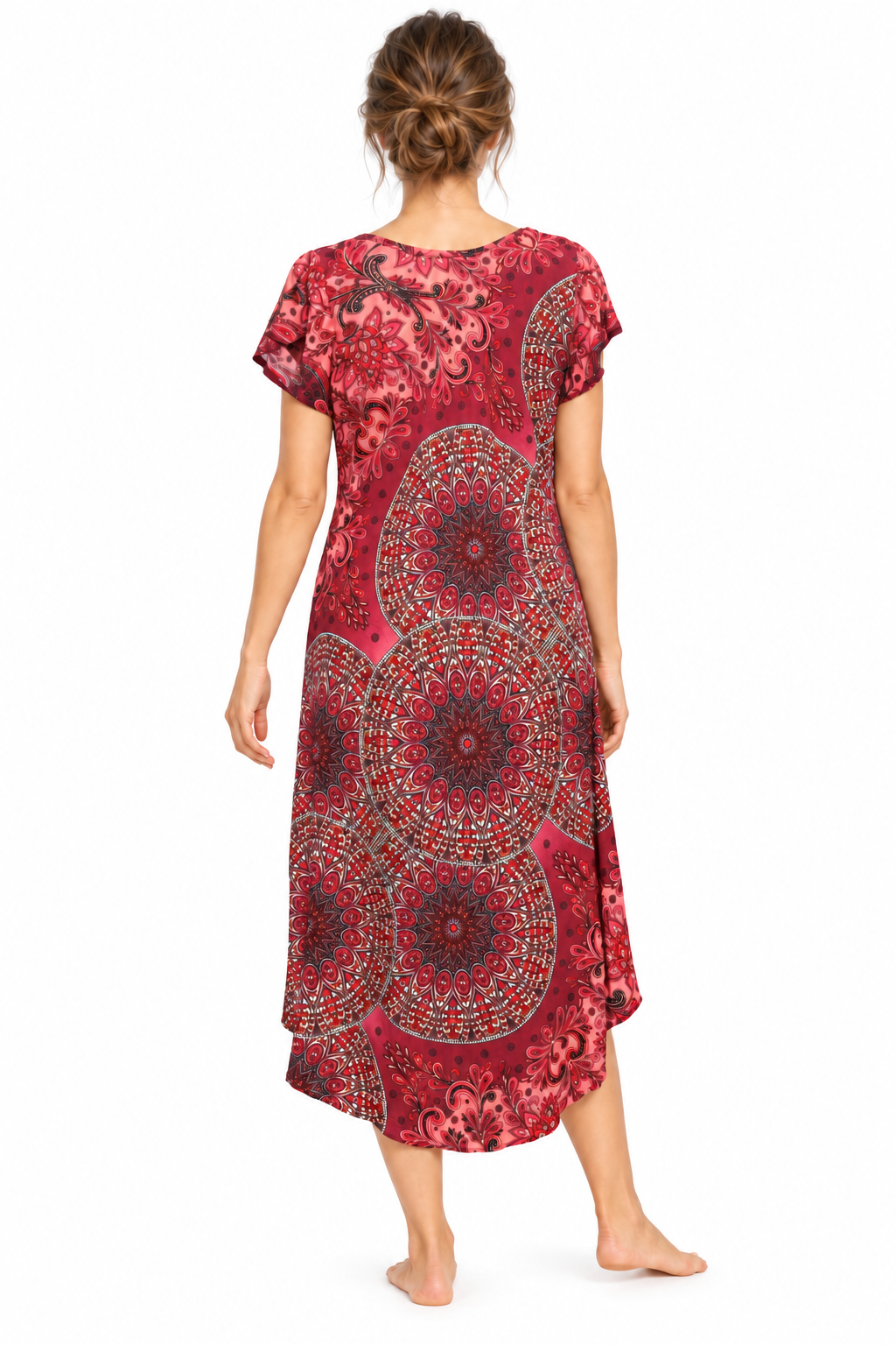 Beach Dress - Short Sleeve - Red Multicolour Mandala - model back