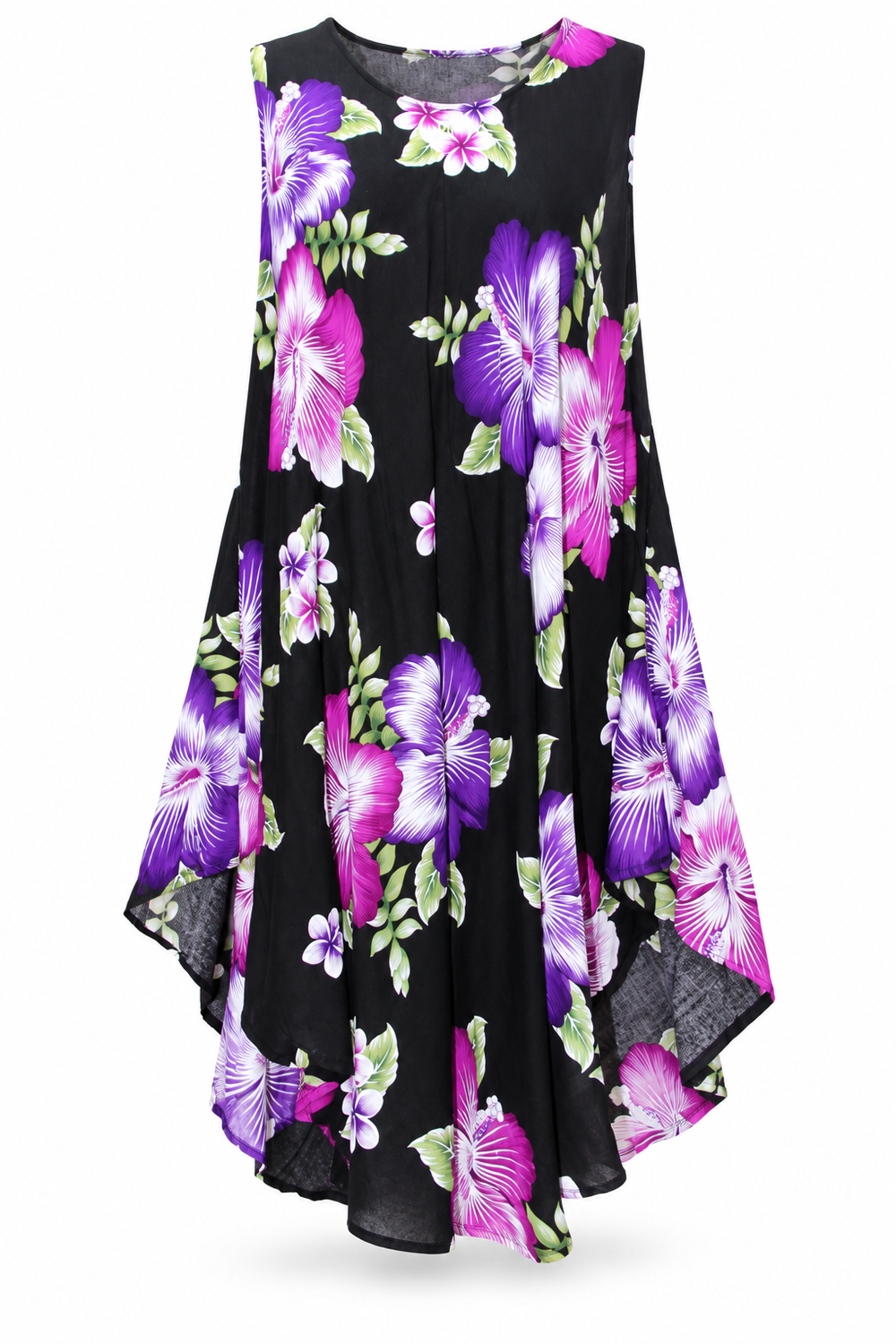 Beach Dress - Sleeveless - Black Purple Hibiscus - front garment view