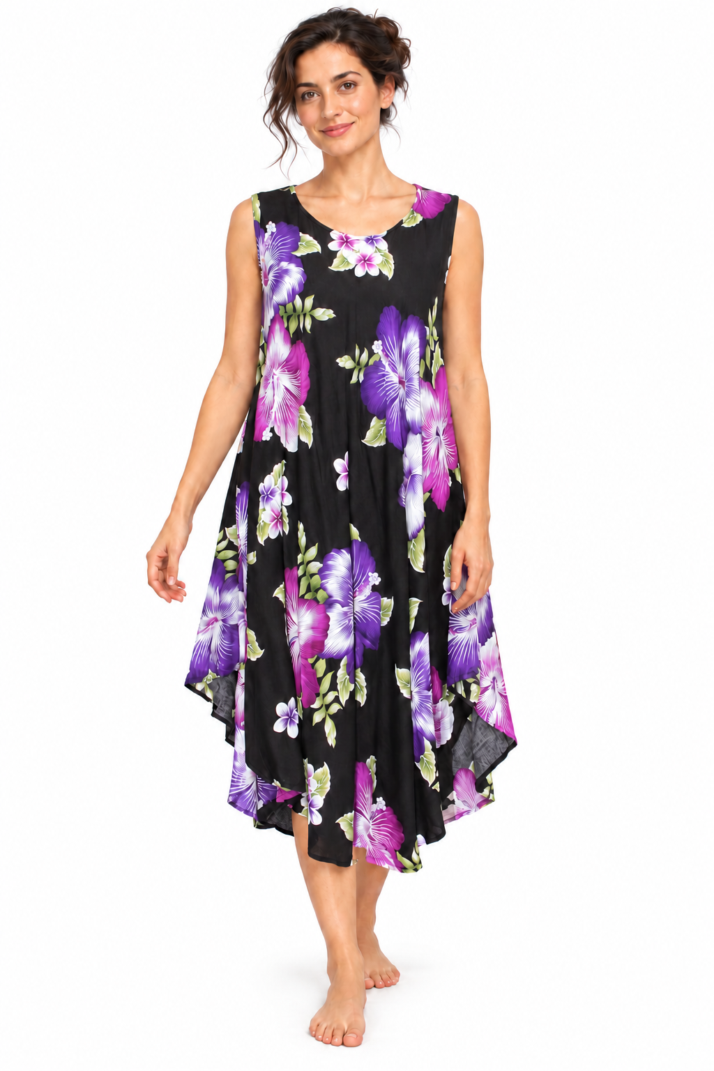 Beach Dress - Sleeveless - Black Purple Hibiscus - model front