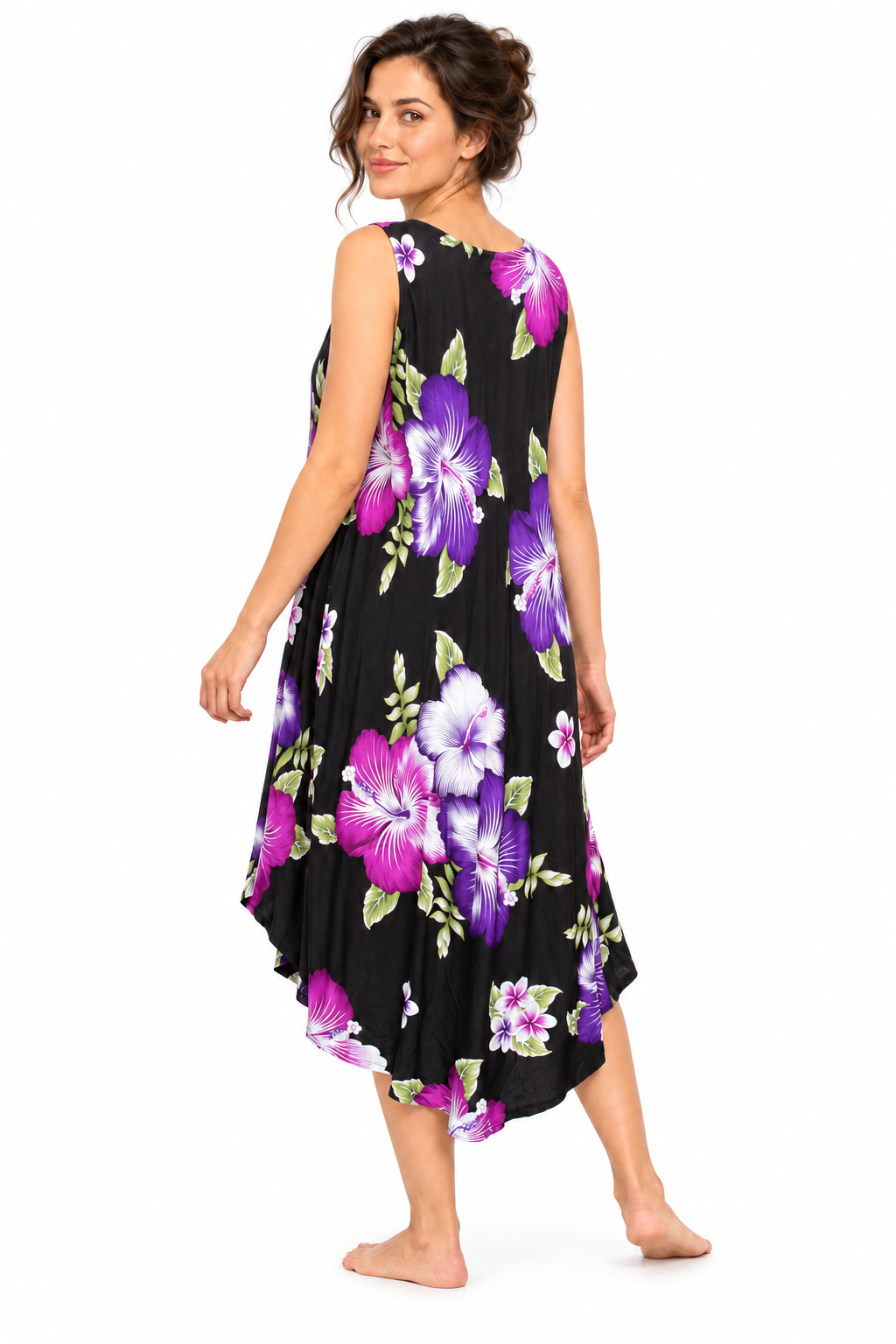 Beach Dress - Sleeveless - Black Purple Hibiscus - model three-quarter back