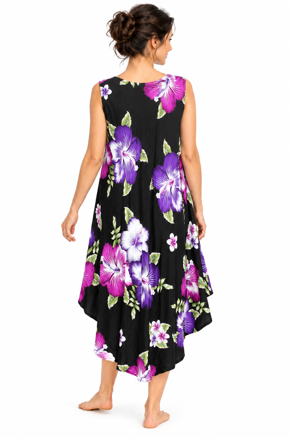 Beach Dress - Sleeveless - Black Purple Hibiscus - model back