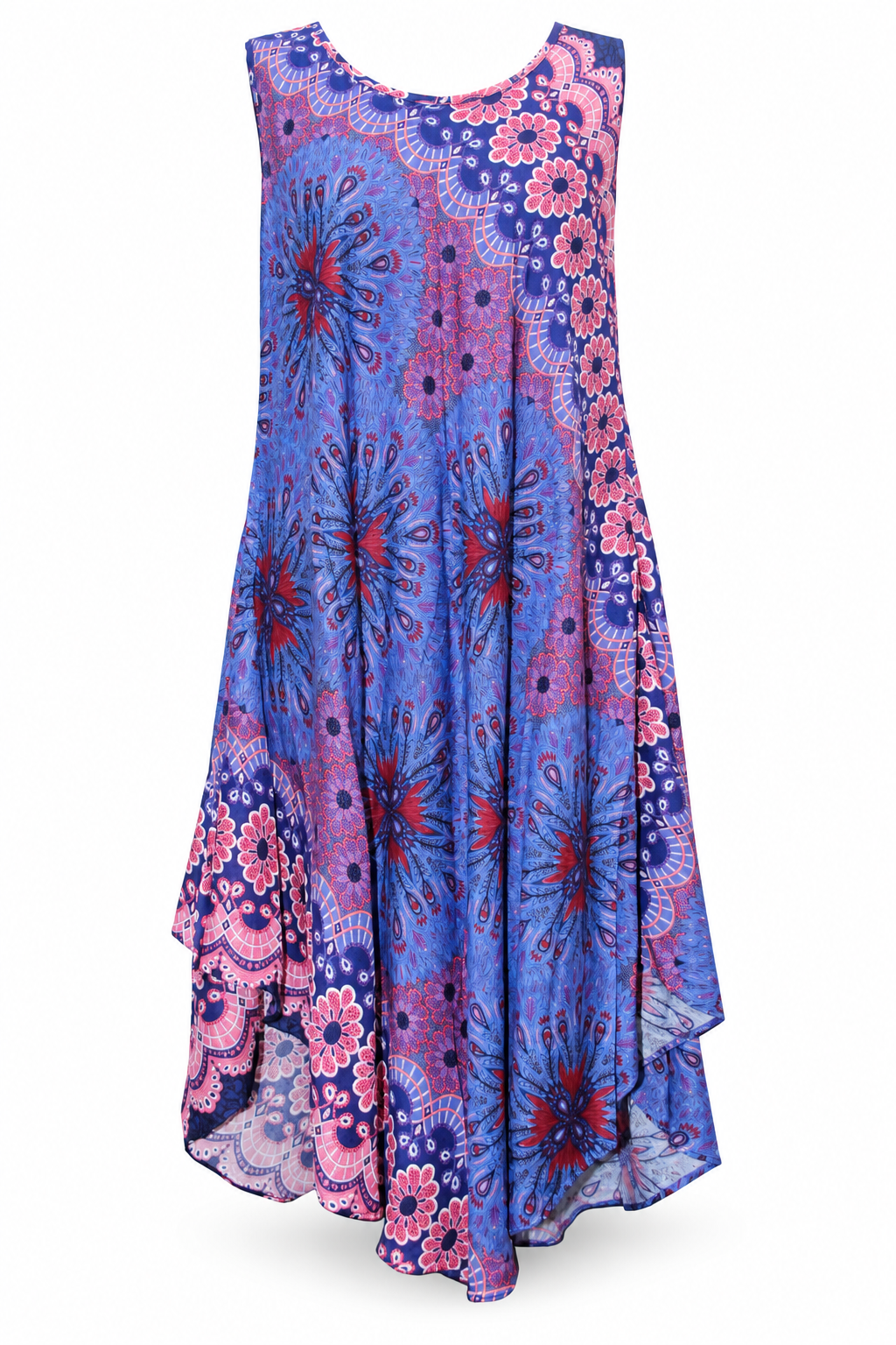 Beach Dress - Sleeveless - Blue Pink Floral Mandala - front garment view