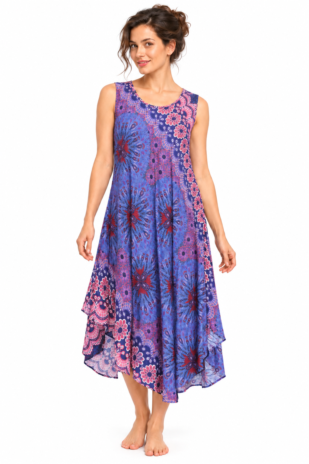Beach Dress - Sleeveless - Blue Pink Floral Mandala - model front