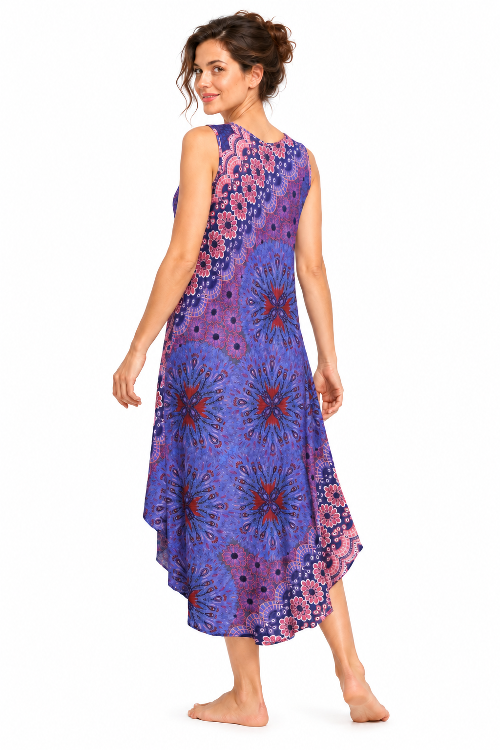 Beach Dress - Sleeveless - Blue Pink Floral Mandala - model three-quarter back