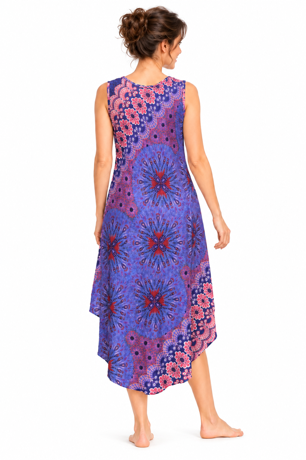 Beach Dress - Sleeveless - Blue Pink Floral Mandala - model back