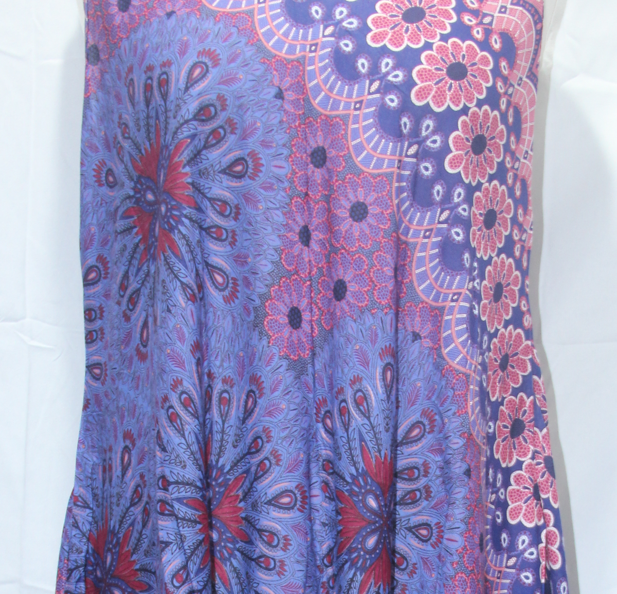 Beach Dress - Sleeveless - Blue Pink Floral Mandala - real fabric detail