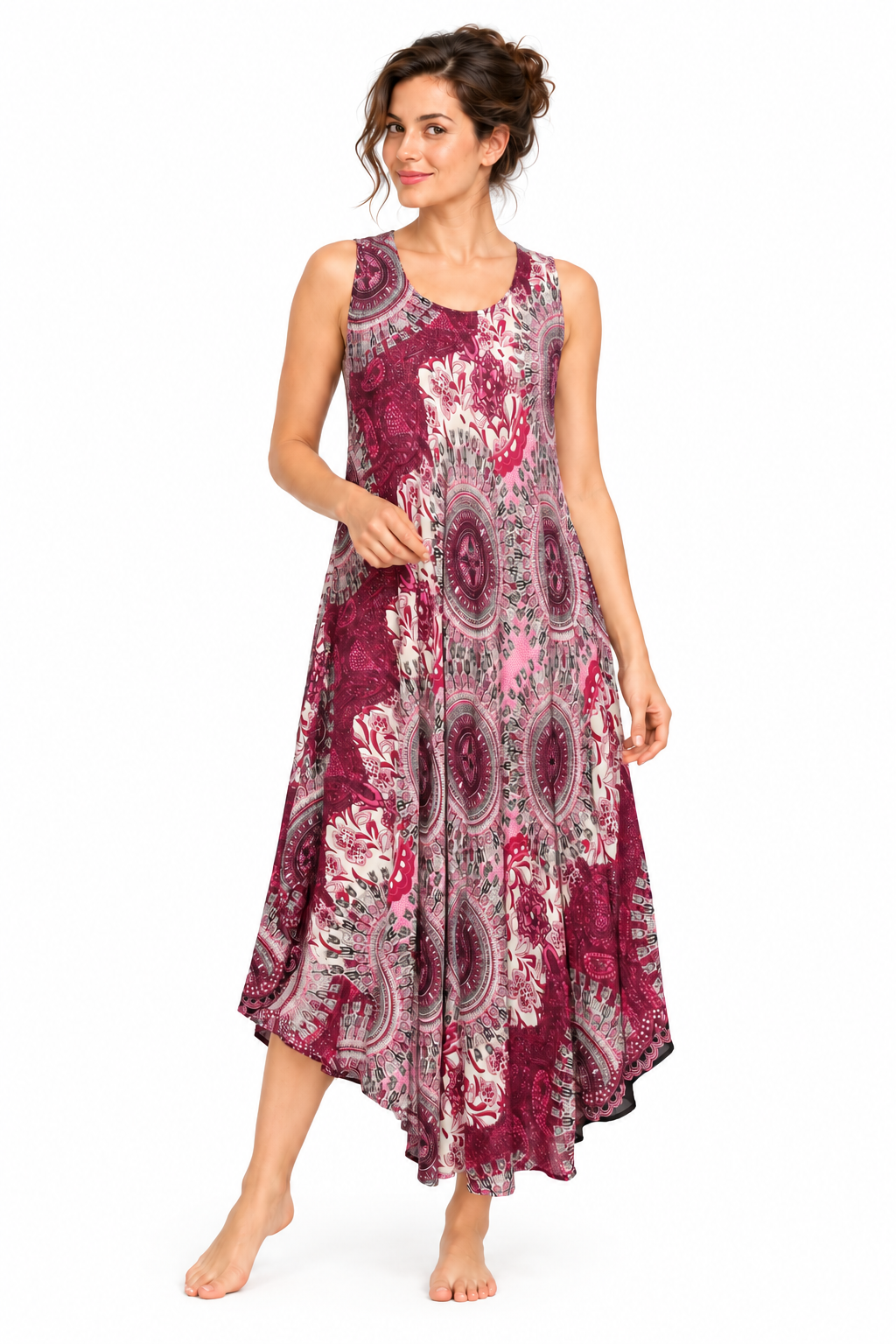 Beach Dress - Sleeveless - Burgundy Cream Mandala - model front