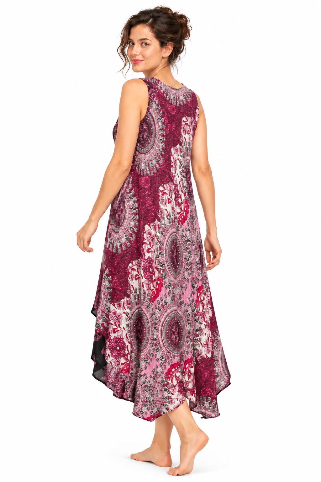Beach Dress - Sleeveless - Burgundy Cream Mandala - model three-quarter back