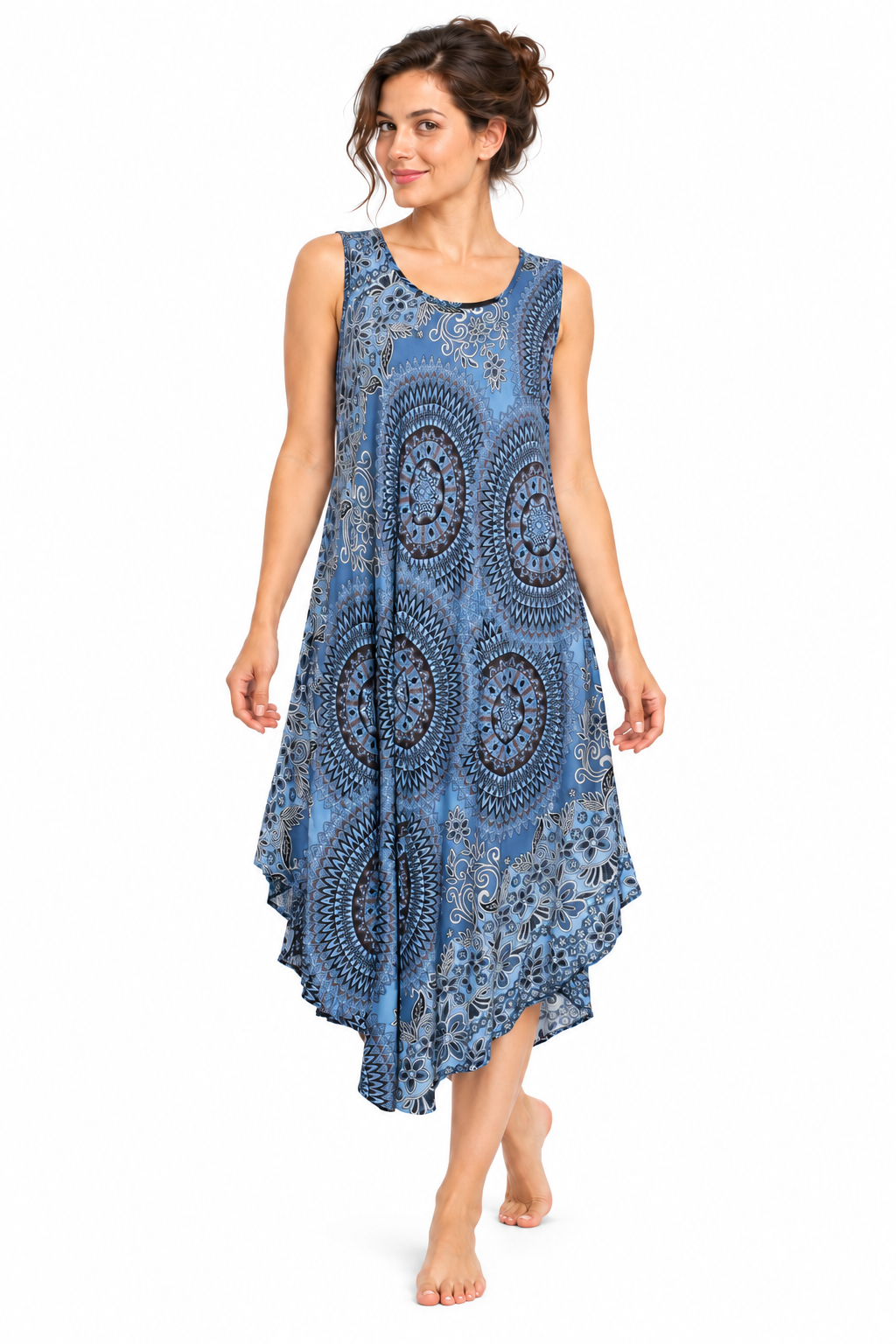 Beach Dress - Sleeveless - Dusty Blue Mandala - model front