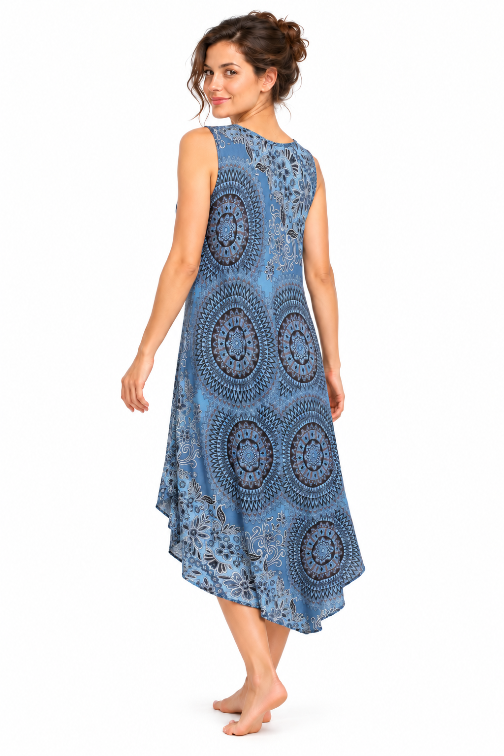 Beach Dress - Sleeveless - Dusty Blue Mandala - model three-quarter back