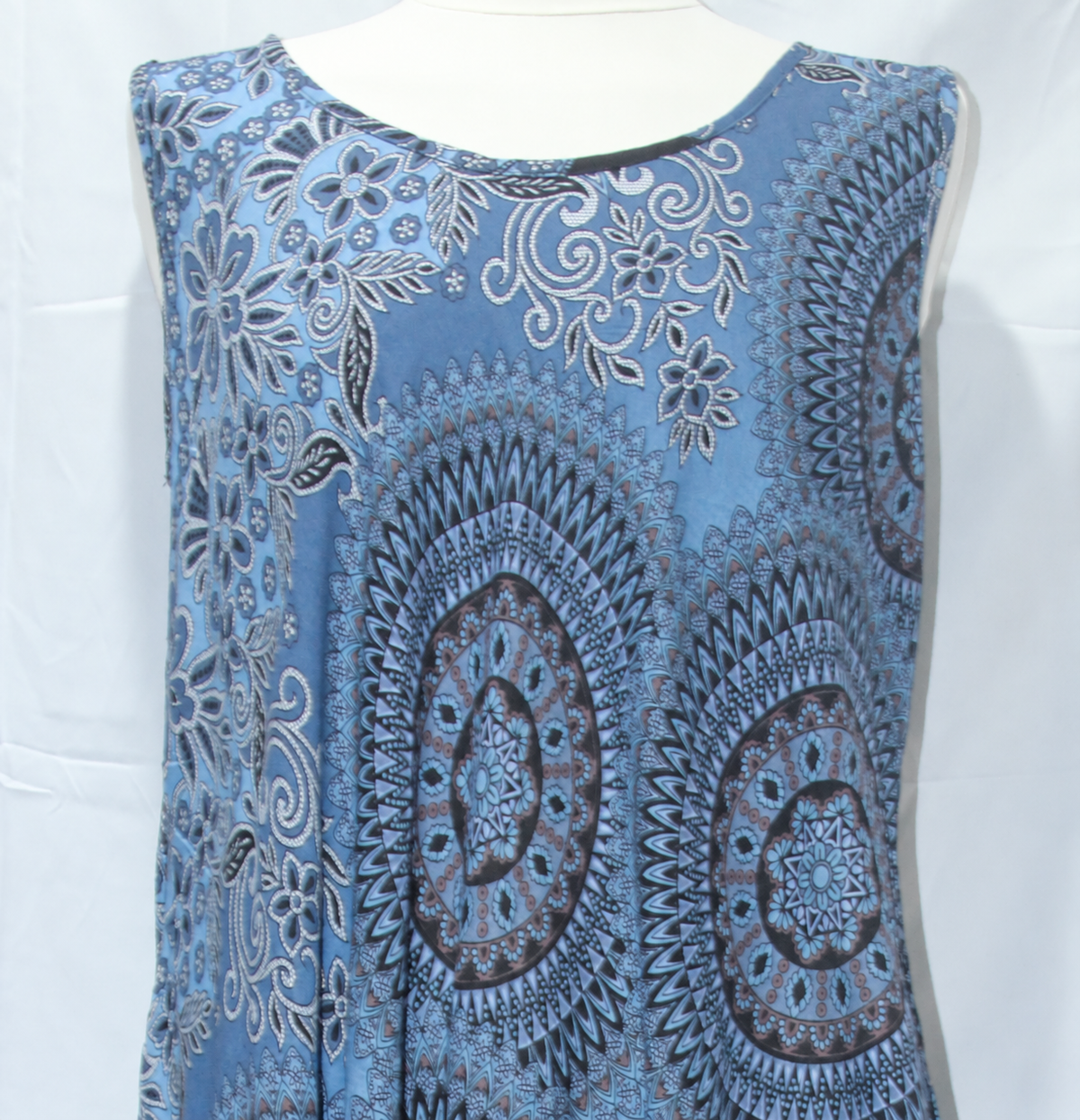 Beach Dress - Sleeveless - Dusty Blue Mandala - real fabric detail