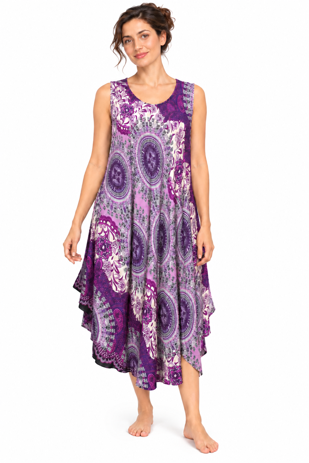 Beach Dress - Sleeveless - Purple Cream Mandala - model front