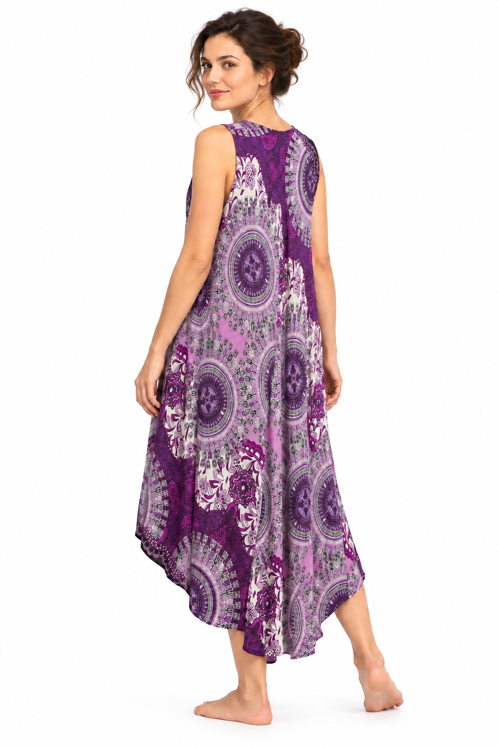 Beach Dress - Sleeveless - Purple Cream Mandala - model three-quarter back