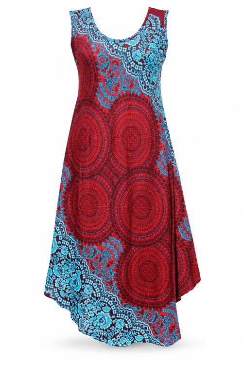 Beach Dress - Sleeveless - Red Turquoise Mandala