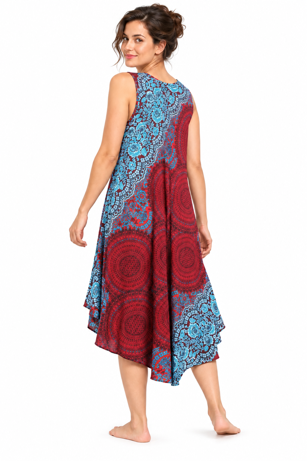 Beach Dress - Sleeveless - Red Turquoise Mandala - model three-quarter back