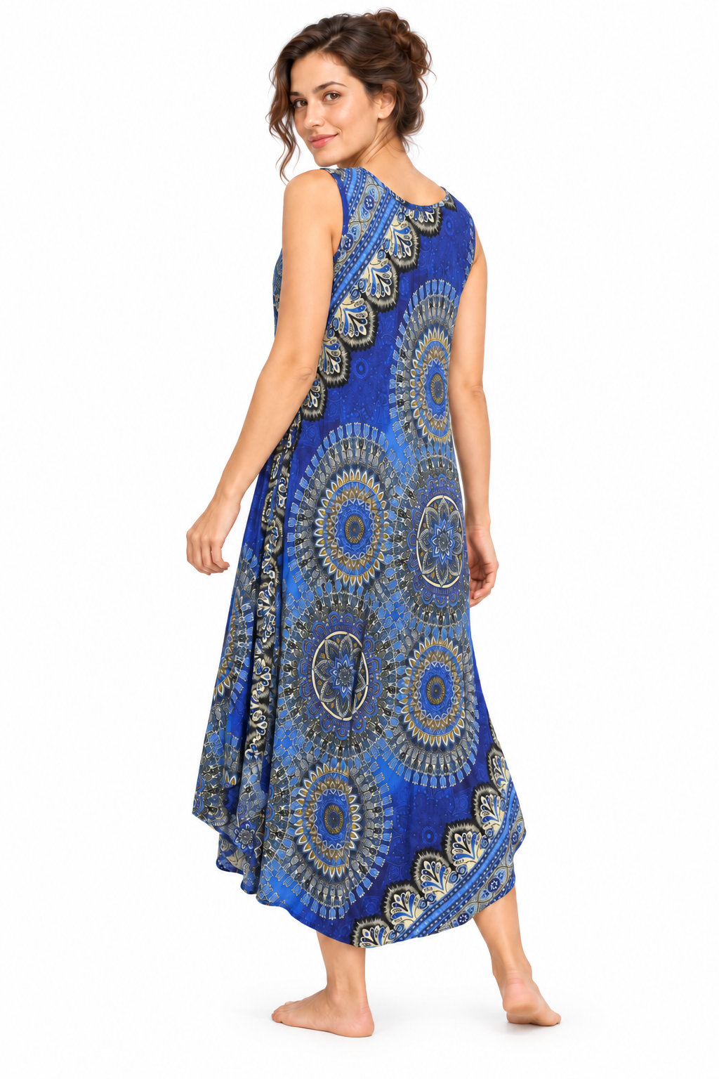 Beach Dress - Sleeveless - Royal Blue Mandala - model three-quarter back