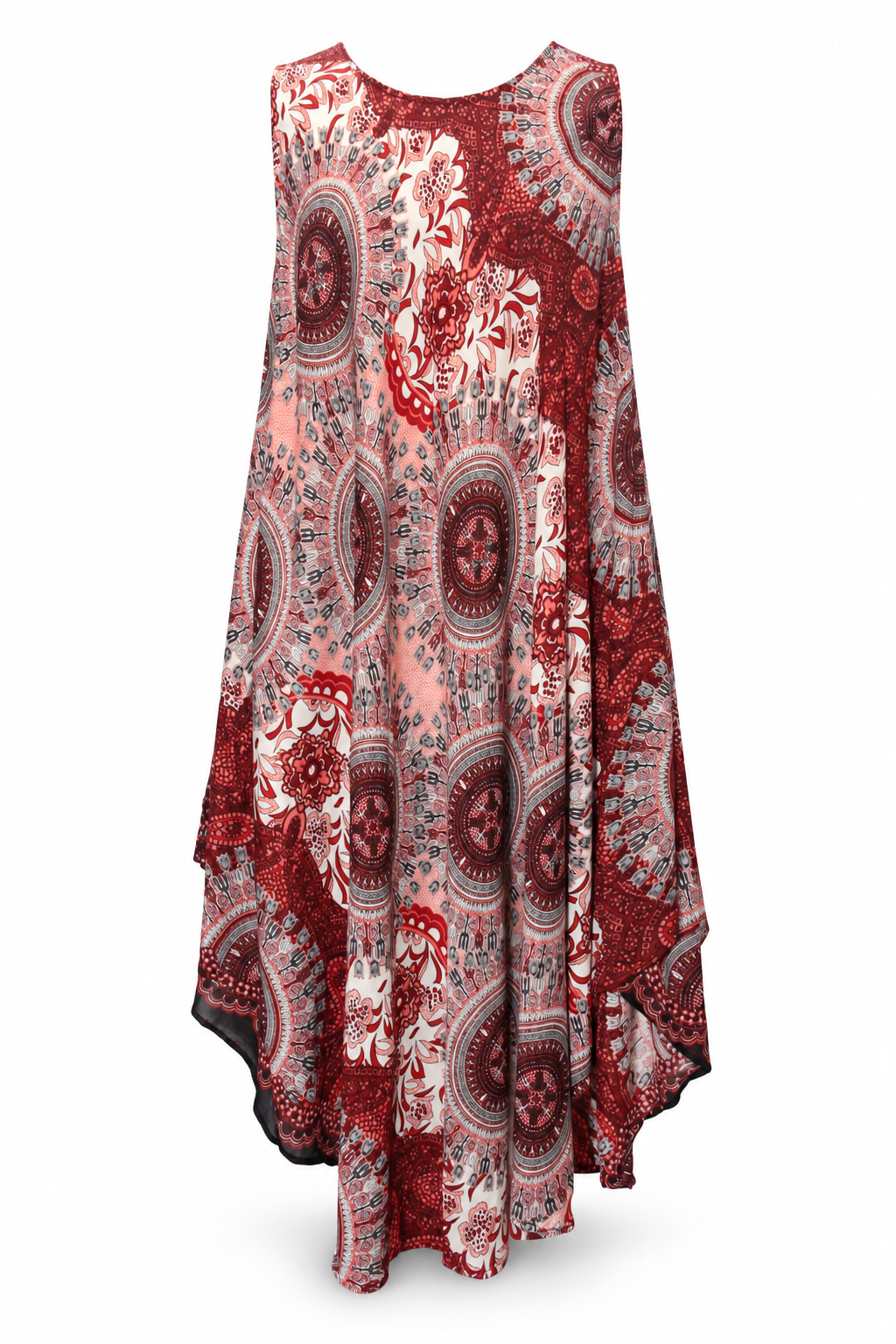 Beach Dress - Sleeveless - Rust Red Cream Mandala - front garment view