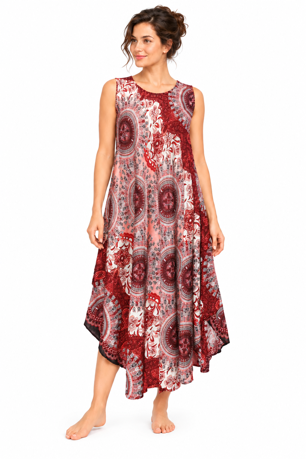 Beach Dress - Sleeveless - Rust Red Cream Mandala - model front