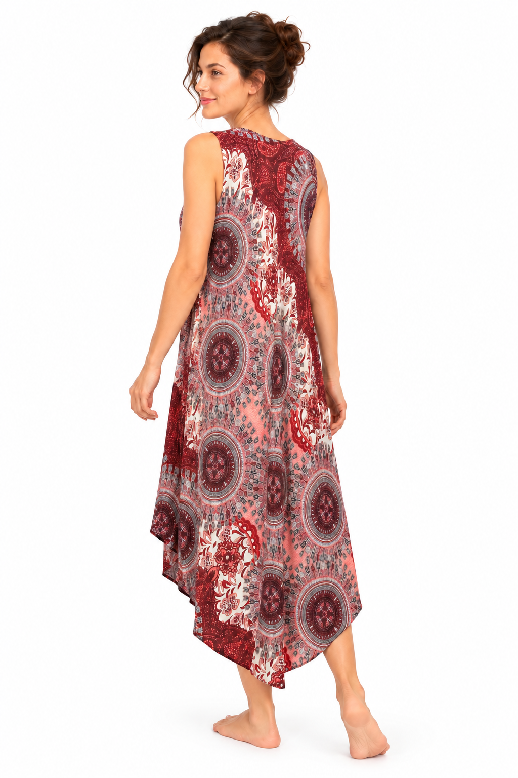 Beach Dress - Sleeveless - Rust Red Cream Mandala - model three-quarter back