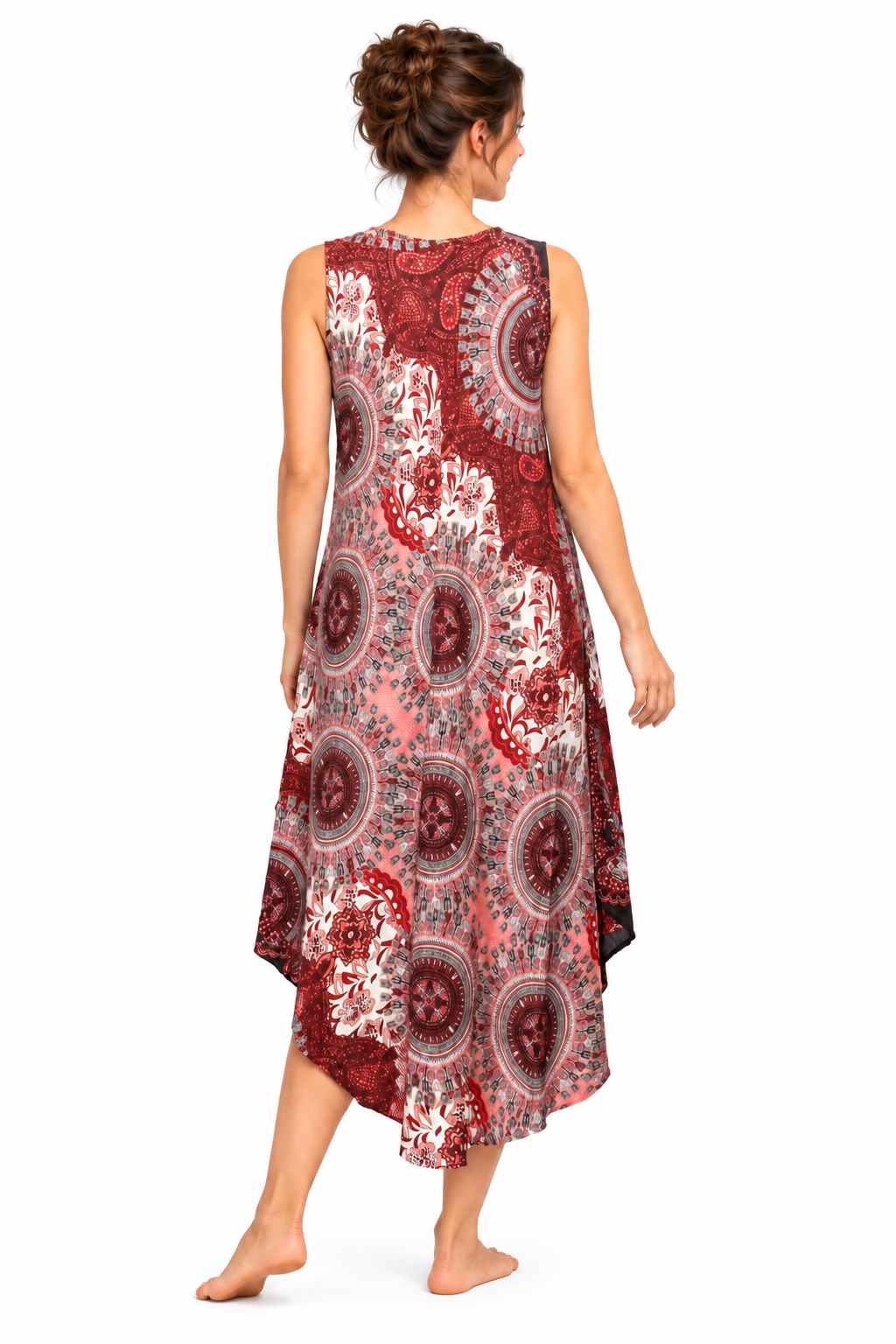 Beach Dress - Sleeveless - Rust Red Cream Mandala - model back