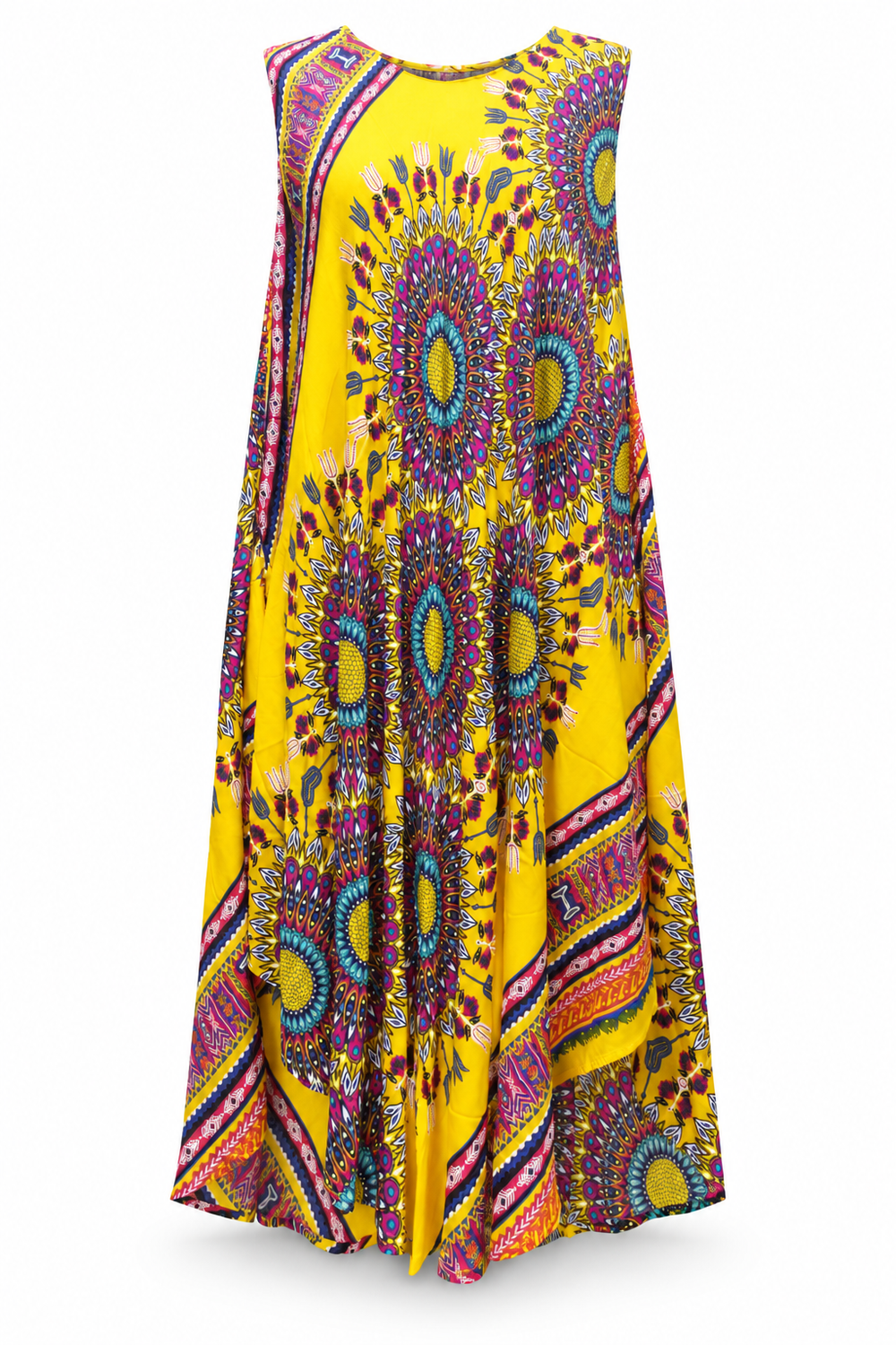 Beach Dress - Sleeveless - Yellow Multicolour Mandala - front garment view